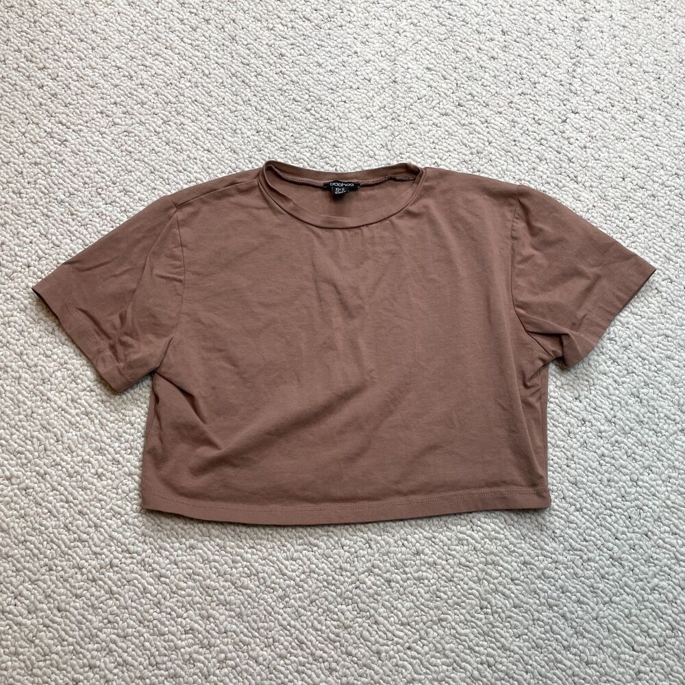 Boohoo T Shirt Womens XL Brown Crop Top Short Sleeve Cotton Solid Basic Ladies